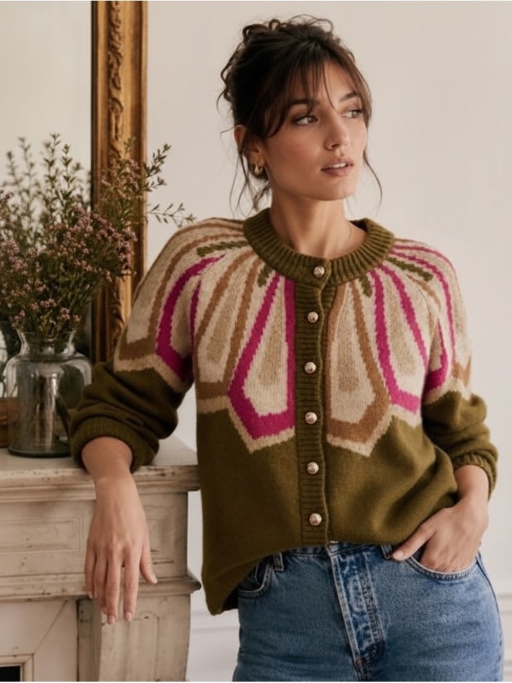 Sézane Hamel Khaki Knit Cardigan alpaca jacquard knit cardigan 0 green pink